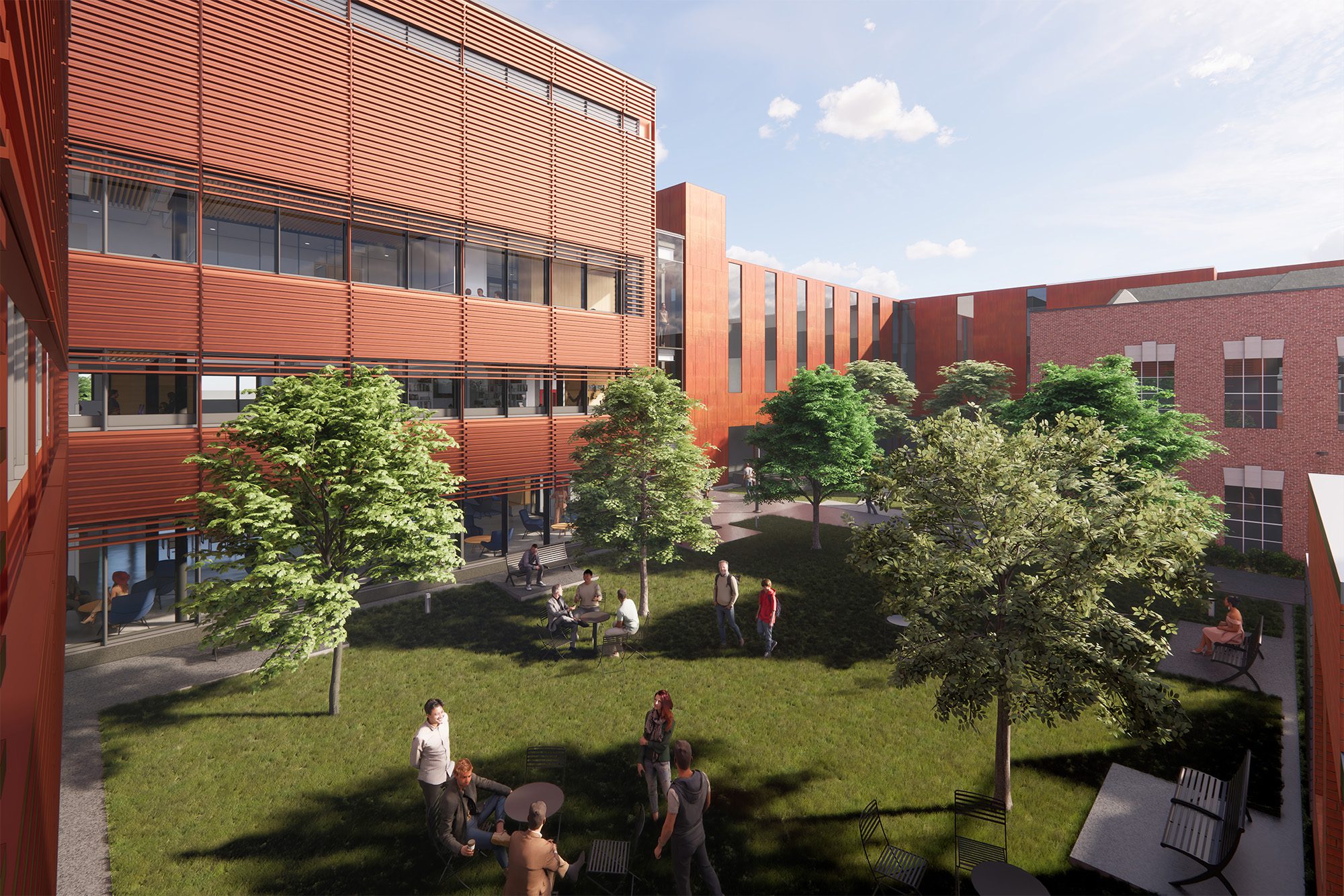 Northwest facing rendering of the renovated Innis Green, as seen from the second-floor link